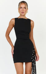 Liana Mini Dress - Boat Neckline Pearl Fringe Dress in Black