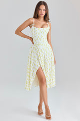 Lemon Floral Print Georgette Midi Dress
