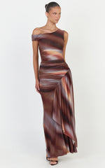 Lucienne Maxi Dress - Asymmetric Neckline Gathered Draped Sash Dress in Aurora Print