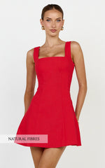 Adiana Mini Dress - Linen Square Neck Shirred Back A Line Dress in Red