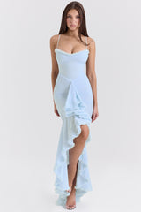 Ice Blue Mesh Ruffled Front Gown