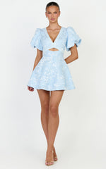 Rosalie Mini Dress - Floral Jacquard V Neck Fit and Flare Dress in Blue