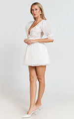 Akshia Mini Dress - Puff Sleeve Floral Detail Plunge Neck Dress in White