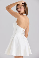 White Stretch Cotton Halter Neck Mini Dress