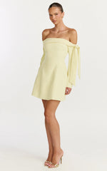 Eljay Mini Dress - Long Sleeve Off Shoulder Knot Detail Dress in Lemon