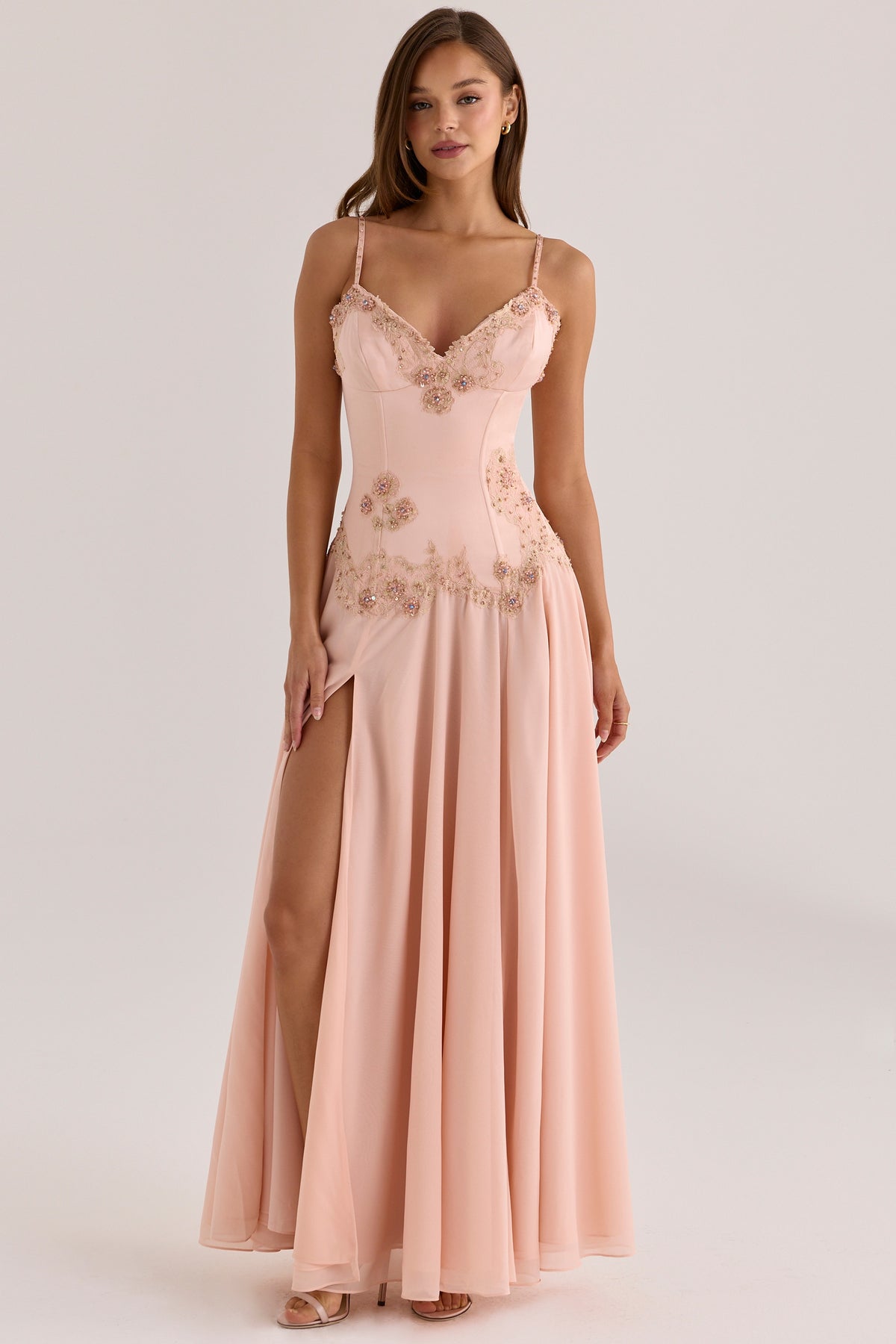 Blush Satin Custom Hand Beaded Embellished Maxi Dress - Limited Edition