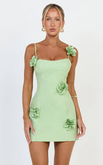 Ondine Mini Dress - 3D Floral Strappy Dress in Apple Green