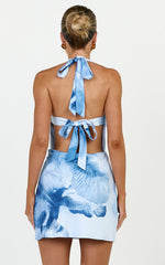 Sunny Mini Dress - Backless Plunge Neck Halter Dress in Skylight Orchid Print