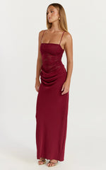 Rania Maxi Dress - Contrast Lace Bodice Bias Cowl Drop Waist Dress in Wine
