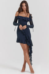French Navy Ruffle Mini Dress