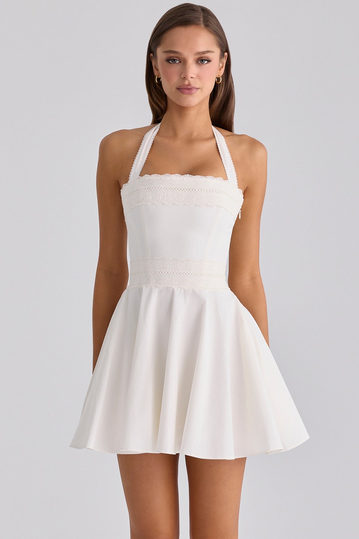 White Broderie Anglais + Cotton Halter Neck Mini Dress