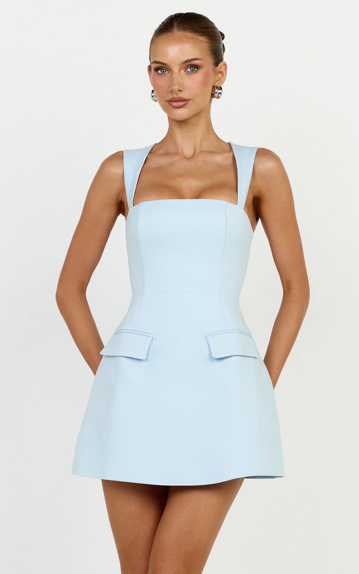Garrett Mini Dress - Square Neck Fit And Flare Dress in Light Blue