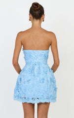 Maristella Mini Dress - Strapless Lace Up Back A Line Dress in Blue