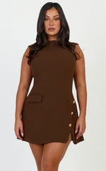 Langley Mini Dress - Sleeveless High Neck Faux Wrap Tulip Dress in Brown