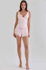 Crystal Pink Satin Custom Hand Beaded Embellished Lace Trim Mini Shorts