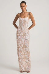 Embellished Scoop-Neck Backless Maxi Dress in Ivory