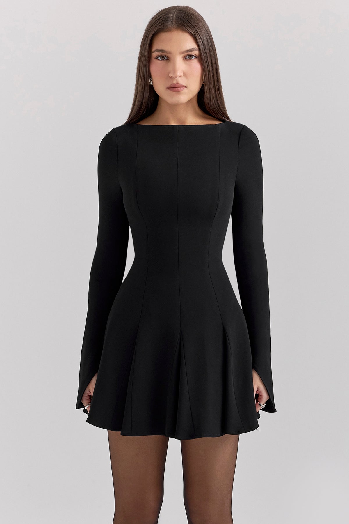 Black Stretch Crepe Godet Mini Dress