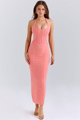 Coral Stretch Mesh Halter Neck Midi Dress