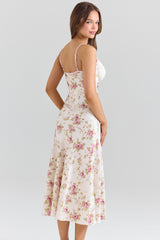 Ivory Floral Print Satin Bias Cut Midi Dress