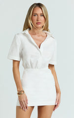 Muriel Mini Dress - Blouson Linen Blend Shirt Dress in Off White