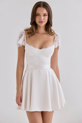 White Satin + Lace Mini Dress With Detachable Waist Tie