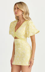 Diana Mini Dress - Jacquard Short Sleeve Cut Out Dress in Lemon