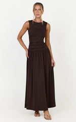 Marguerite Maxi Dress - Gathered Detail Dropped Waist Dress in Dark Chocolate
