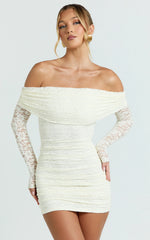 Jensen Mini Dress - Off Shoulder Stretch Lace Bodycon Dress in Cream