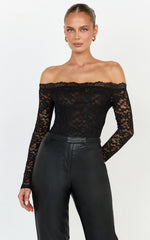 Isabelle Bodysuit - Off Shoulder Long Sleeve Lace Bodysuit in Black