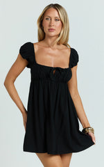Brooks Mini Dress - Puff Sleeve Front Tie Babydoll Dress in Black