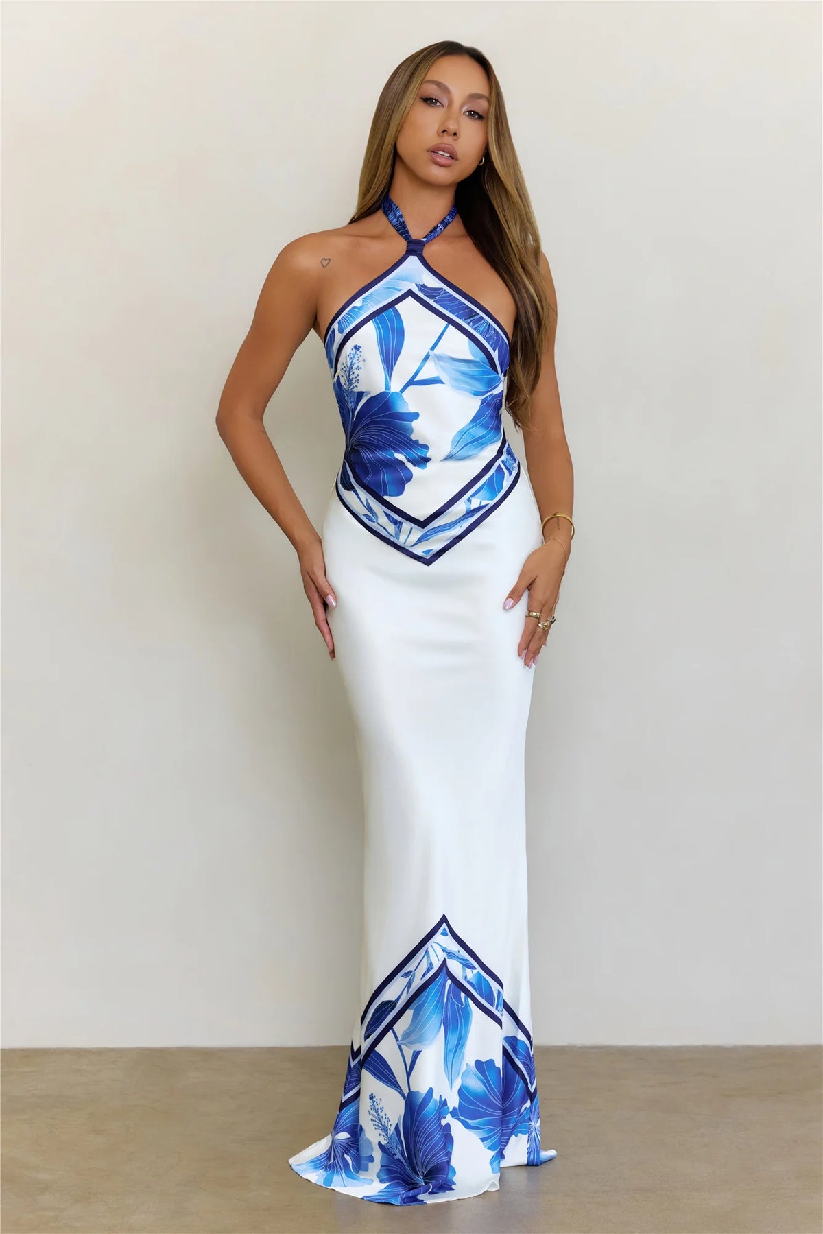 Golden Hour Floral Halter Satin Maxi Dress Blue