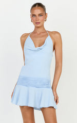 Dune Mini Dress - Cowl Halter Neck Dropped Waist Fit And Flare Dress in Blue