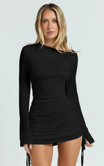 Primrose Mini Dress - Slash Neck Long Sleeve A Line Dress in Black