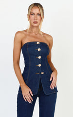 Phoebe Top - Strapless Button Down Stretch Denim Top in Dark Blue Wash