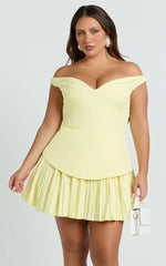 Izara Mini Dress - Off Shoulder Pleated Dress in Lemon