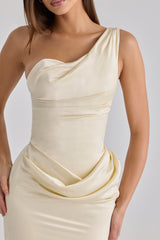 Lemon One Shoulder Satin Maxi Dress