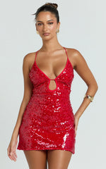 Finn Mini Dress - Plunge Neck Sheer Sequin Dress in Red