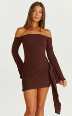 Noah Mini Dress - Off Shoulder Draped Skirt Jersey Dress in Chocolate