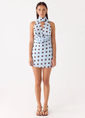 Get Me Halter Mini Dress - Blue Mocha Dot