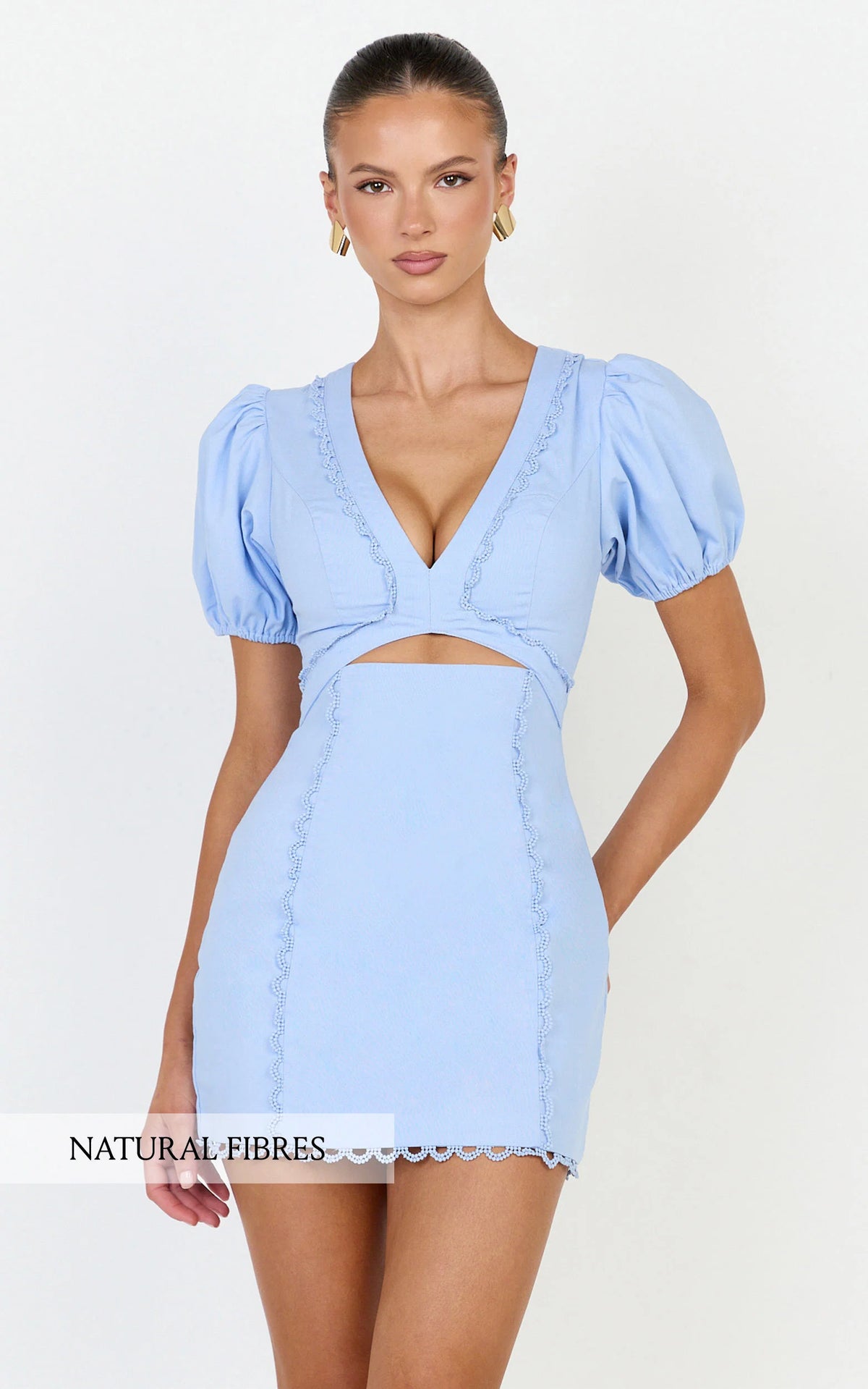 Carolyn Mini Dress - V Neck Puff Sleeve Dress in Light Blue