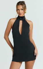 Polly Mini Dress - High Neck Keyhole Shift Dress in Black