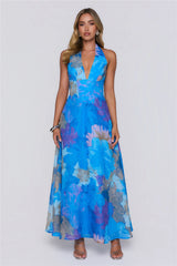Floral Statement Halter Maxi Dress Blue