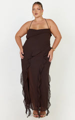 Connie Midi Dress - Ruffle Detail Dress in Chocolate