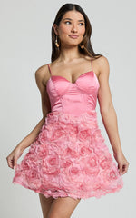 Jovi Mini Dress - Sweetheart Embroidery Rosette Detail Dress in Pink