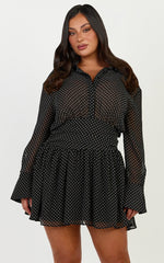Valerie Mini Dress - Collared Long Sleeve Waist Shirt Dress in Black Polka Dot