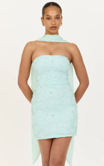Oona Mini Dress - Strapless Floral Embroidered Dress With Draped Neck Scarf in Mint