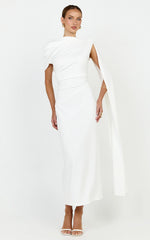 Visenta Midi Dress - Asymmetrical Sleeve Dress in White