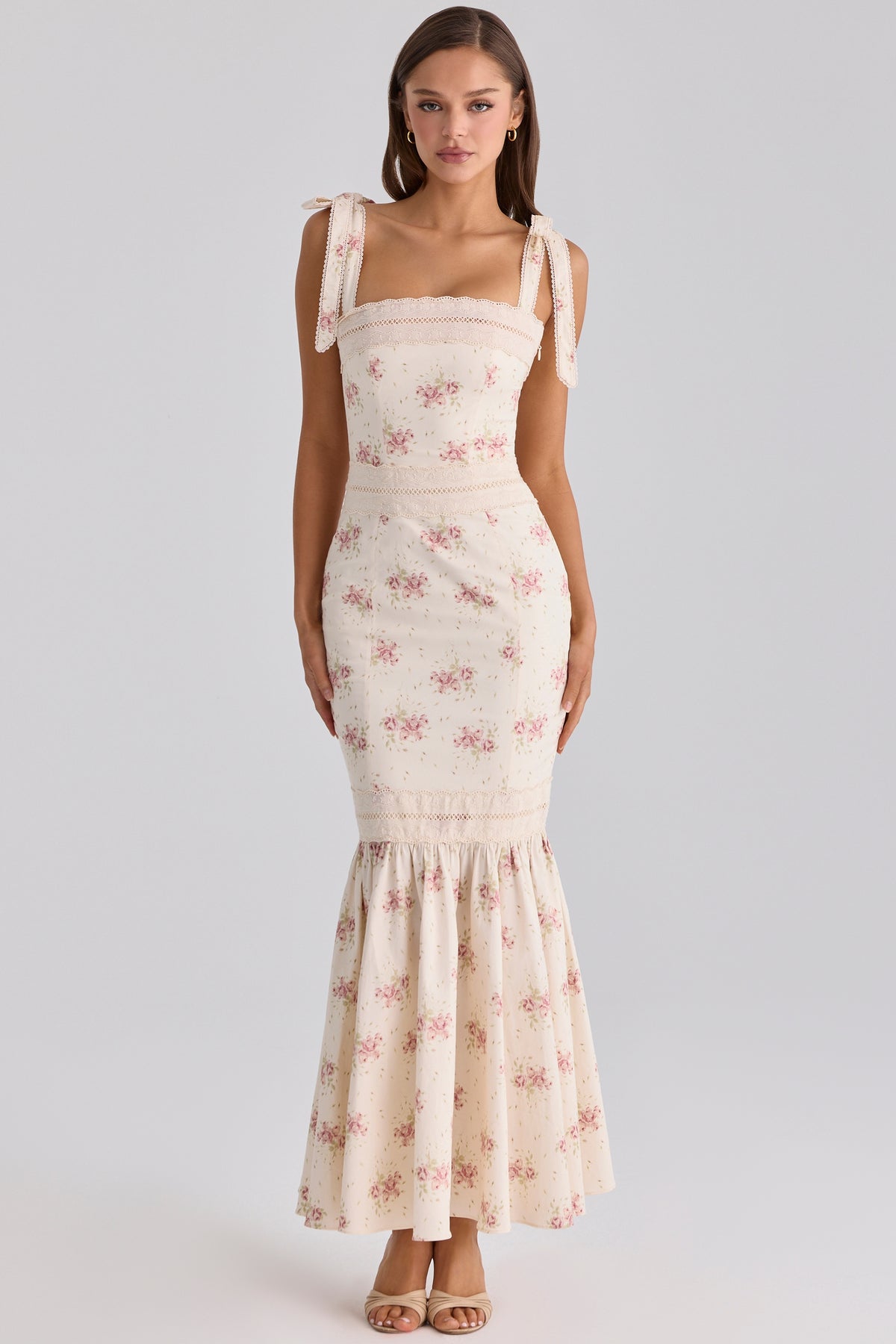 Ivory Vintage Rose Print Cotton + Lace Maxi Dress