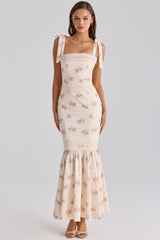 Ivory Vintage Rose Print Cotton + Lace Maxi Dress