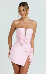 Dolores Mini Dress - Strapless Plunge Bodycon Leg Split Dress in Baby Pink